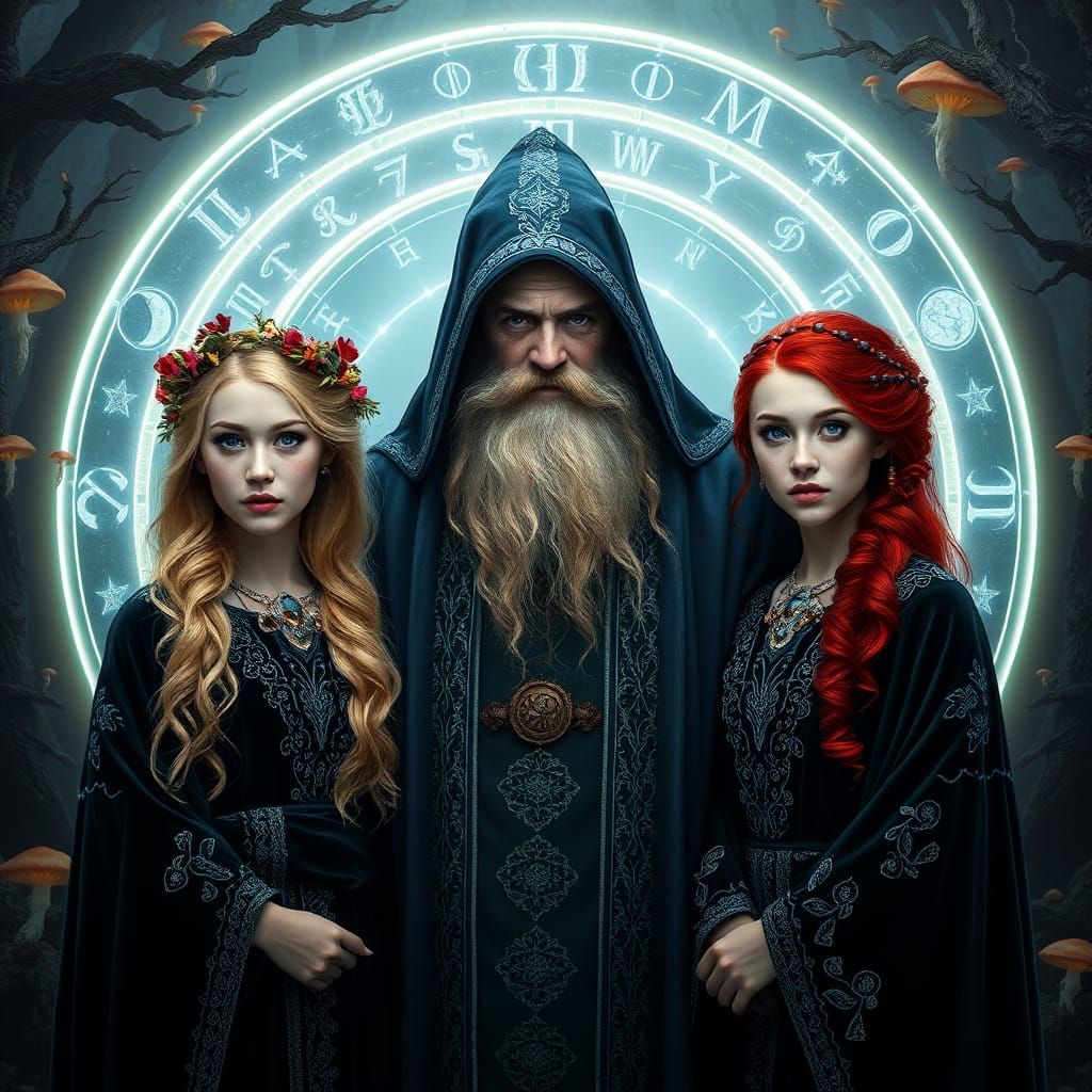 Twin Witches and Wizard in Mystical Forest