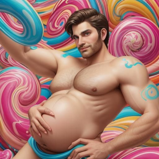 Stubble Man with Pregnant Belly in Gouache