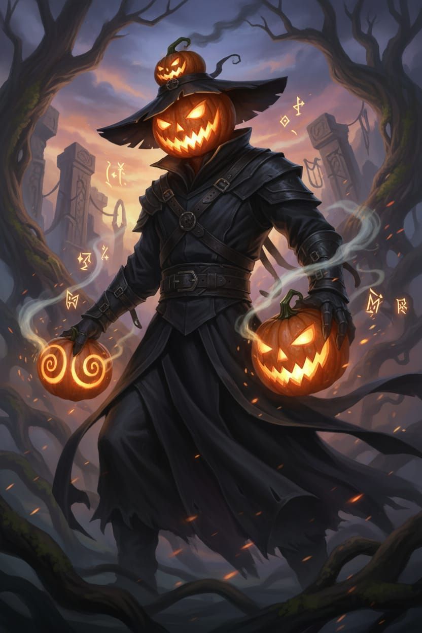 Pumpkin Man in Black Holding Lit Jack-o-lanterns