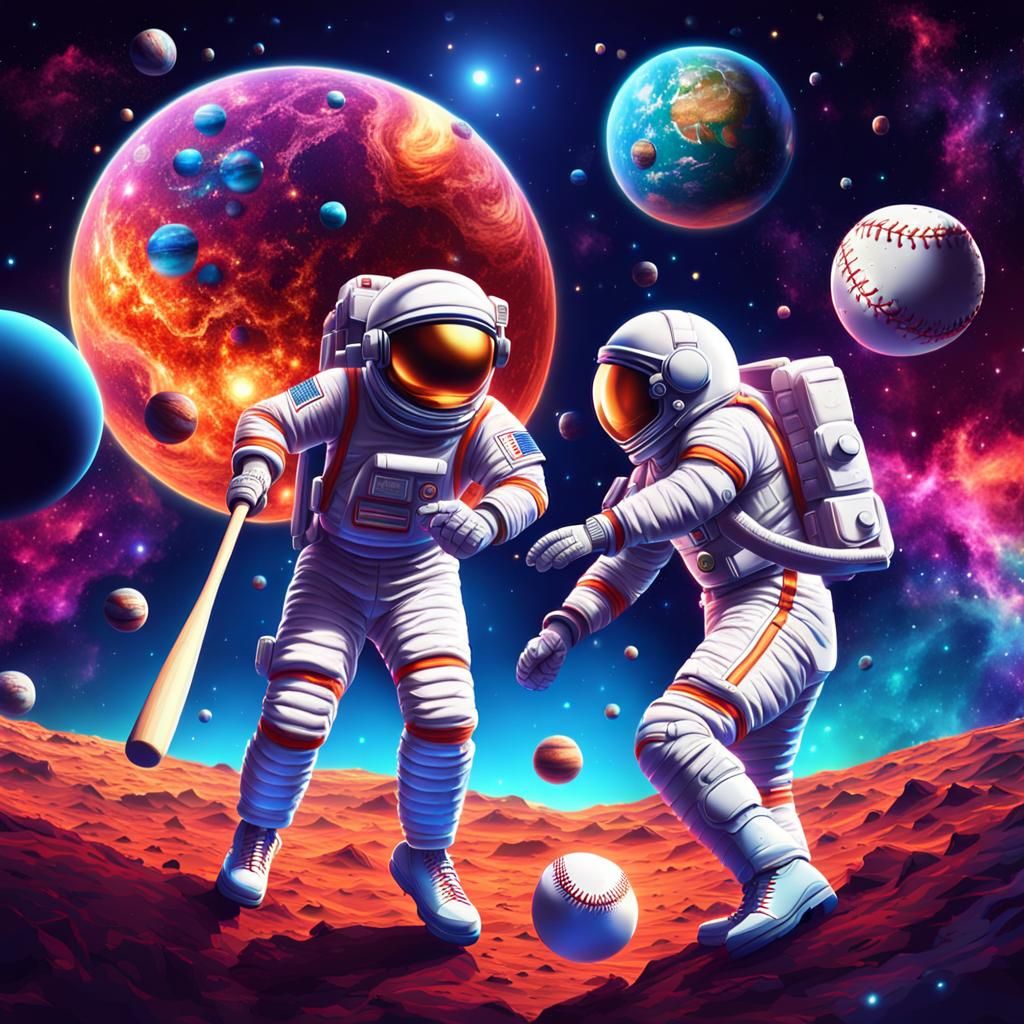 Astronauts Play Baseball in Space: Psychedelic 3D Art