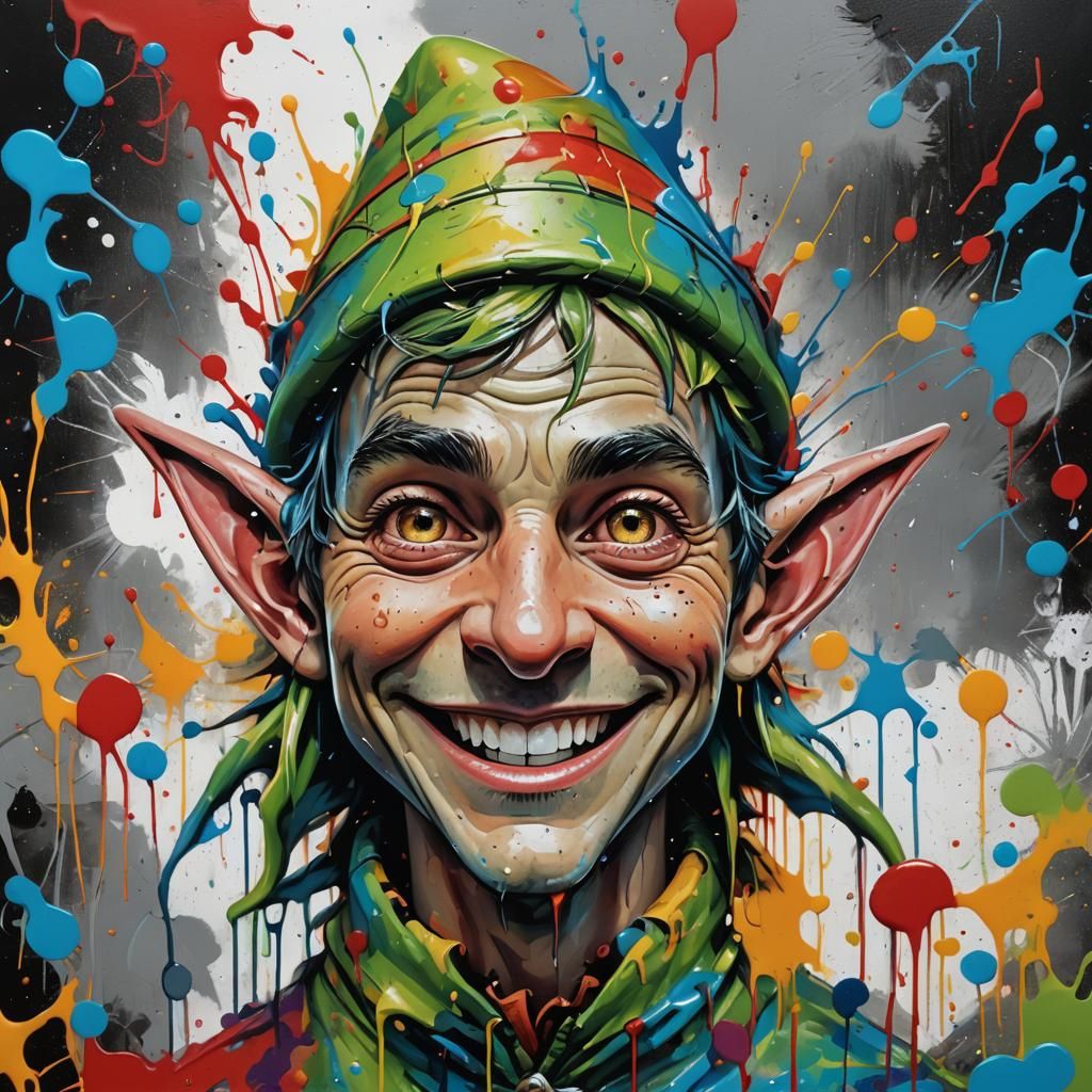 Smiling Elf Head in Graffiti Street Art Style