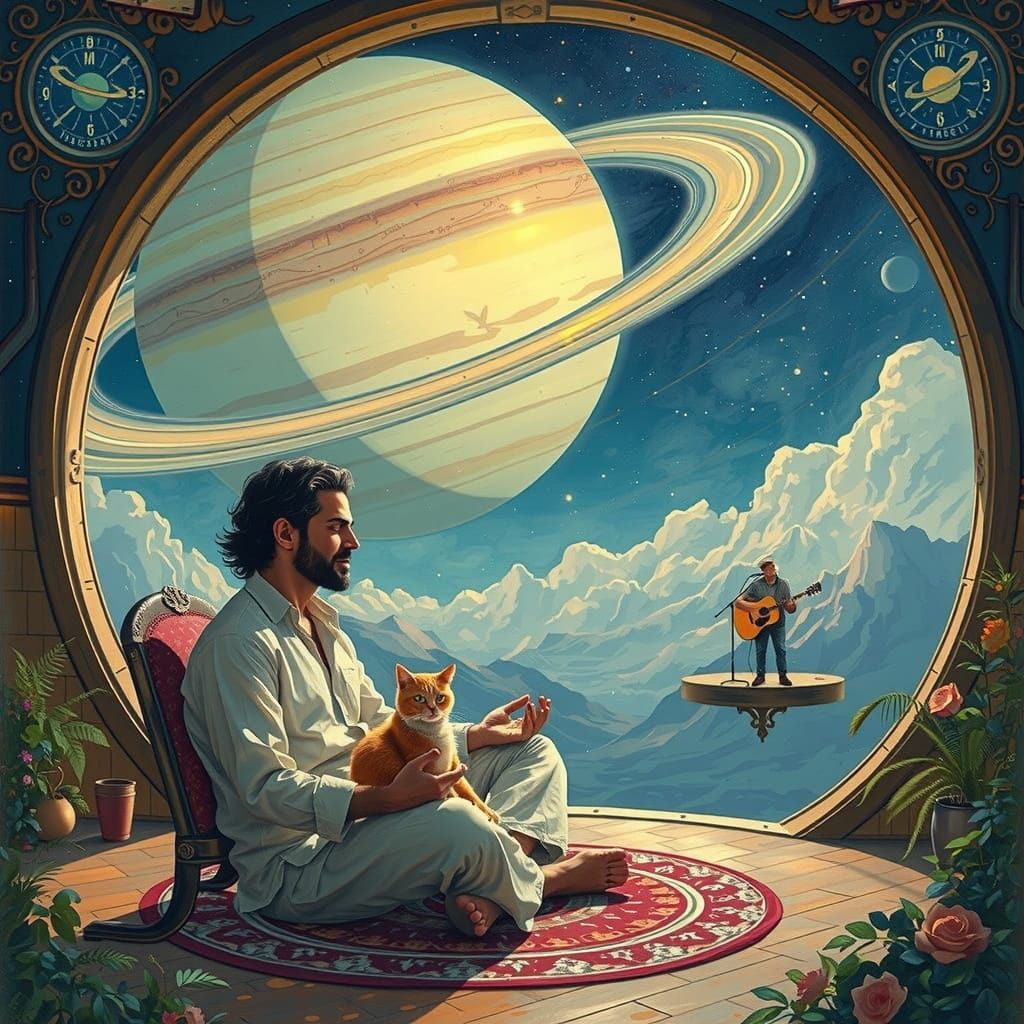 Man Meditating with Cat in Cosmic Bar Near Saturn