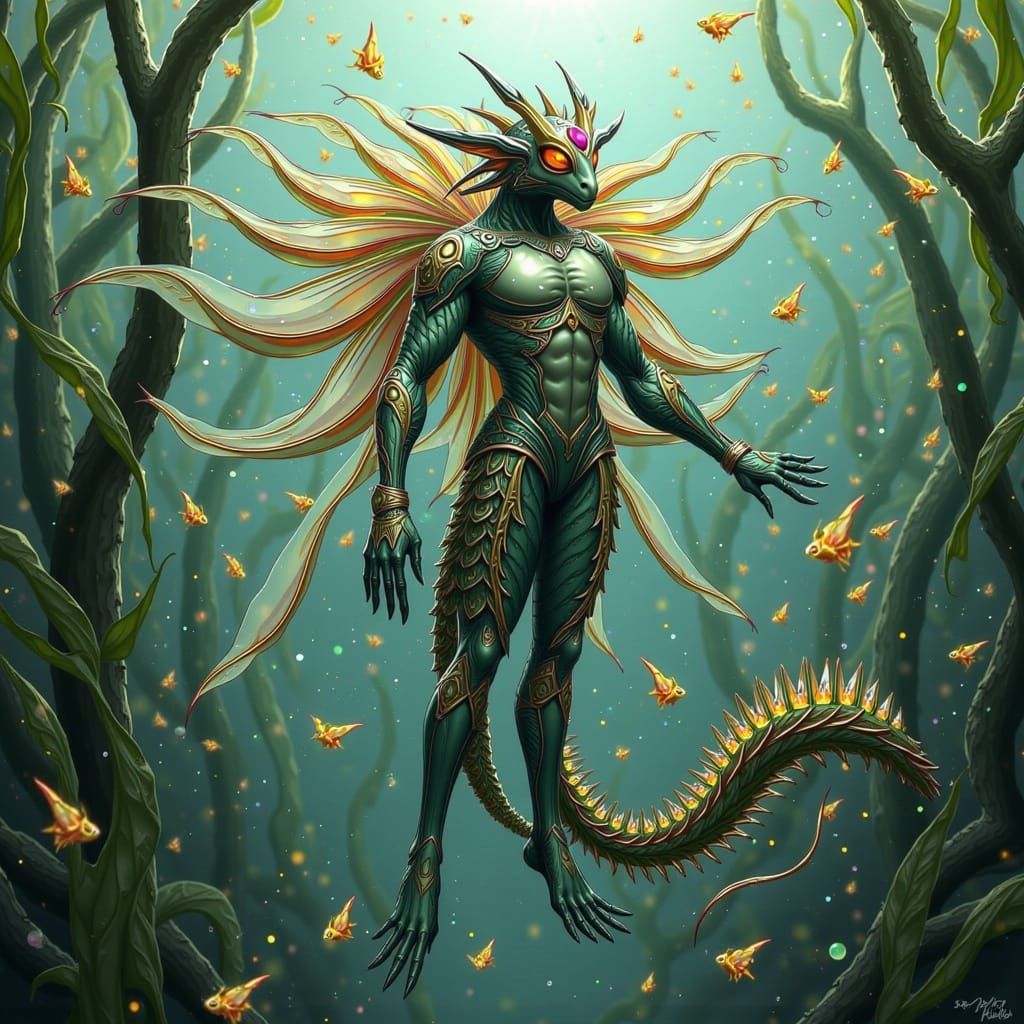 Chrome Merman in Kelp Forest, Digital Concept Art
