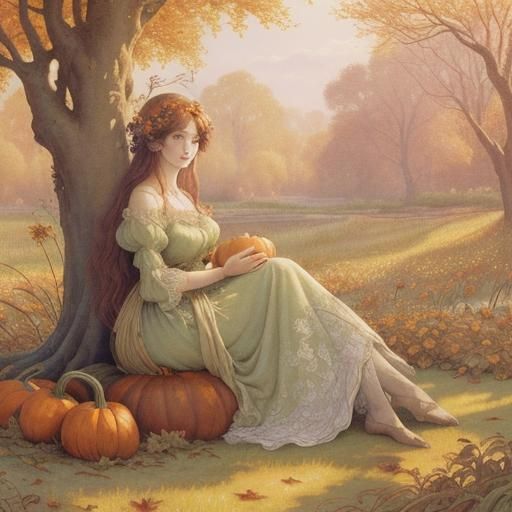 Autumn Fairy on Gourd: Whimsical Fantasy Illustration