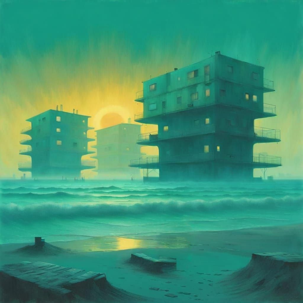 Oceanic Buildings in Atmospheric Minimal-Futurist Style