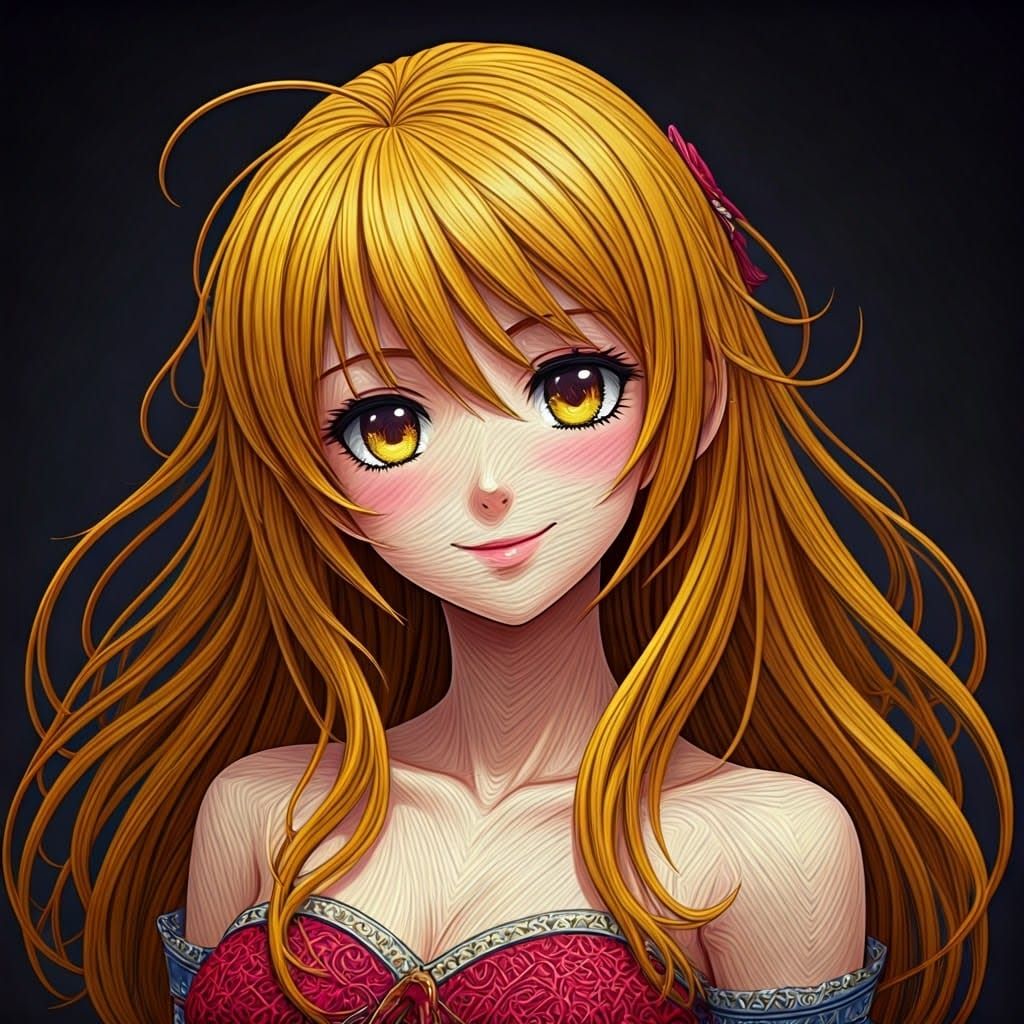 Anime Lady with String Hair in Three-Quarter View