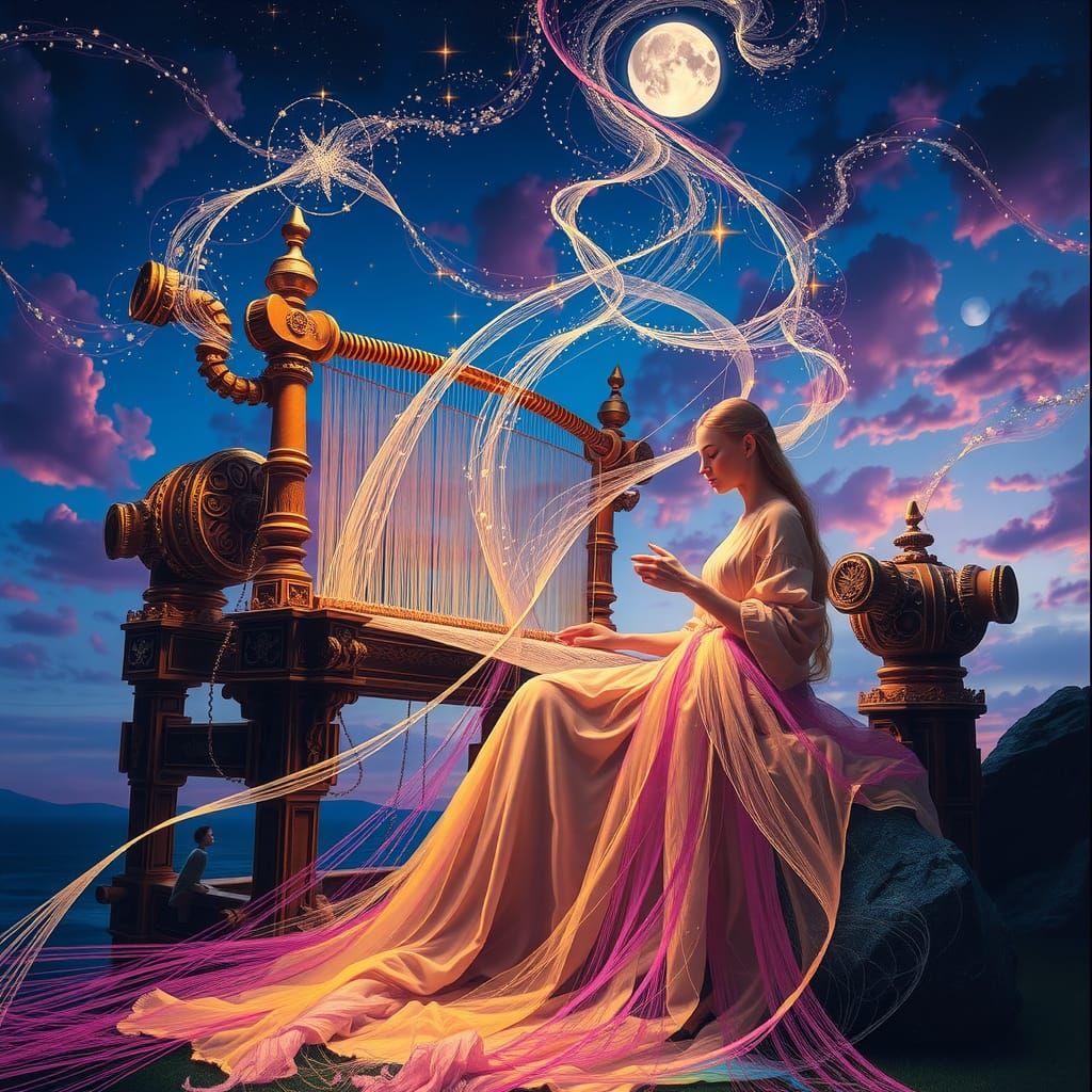 Figure Weaving Dreams on Celestial Loom