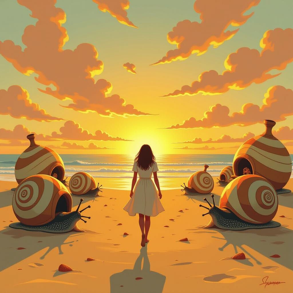 Woman on Sunset Beach with Snail Houses