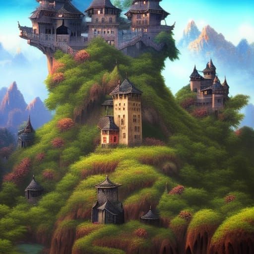 Fantasy Bonsai Landscape with Castles: Digital Art