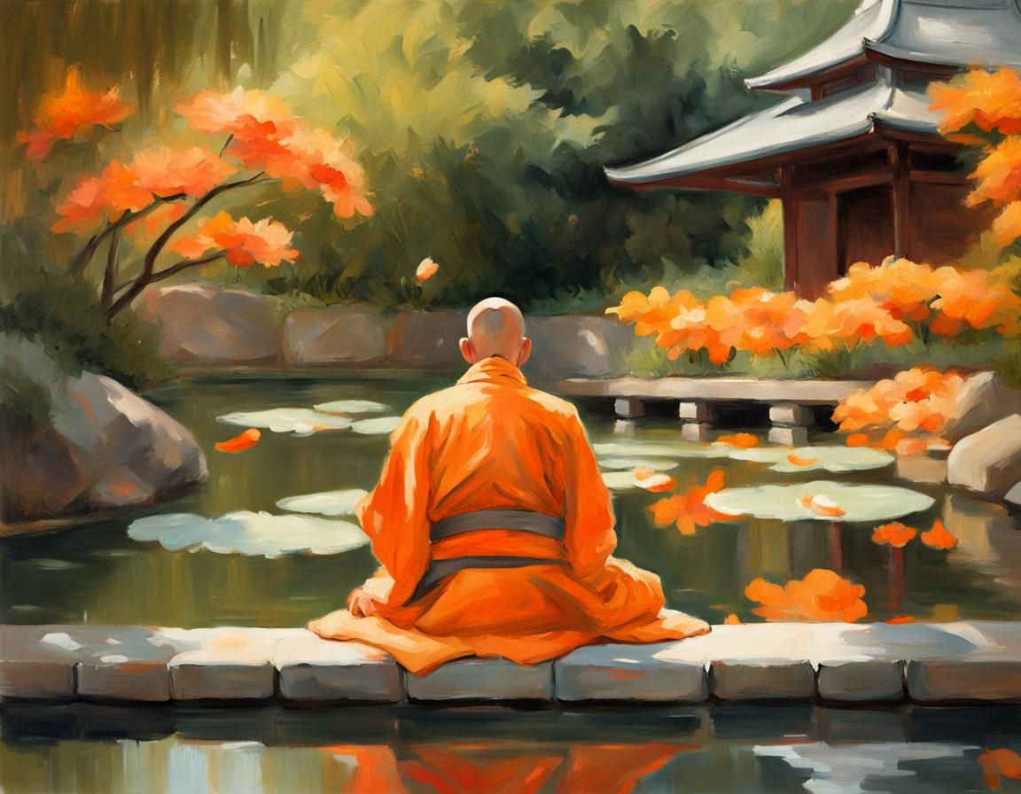 Monk Meditating at Shinto Shrine: Impressionist Oil Painting
