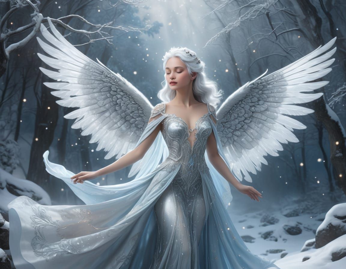 Graceful Woman with Snow Leopard in Dreamy Winter Scene