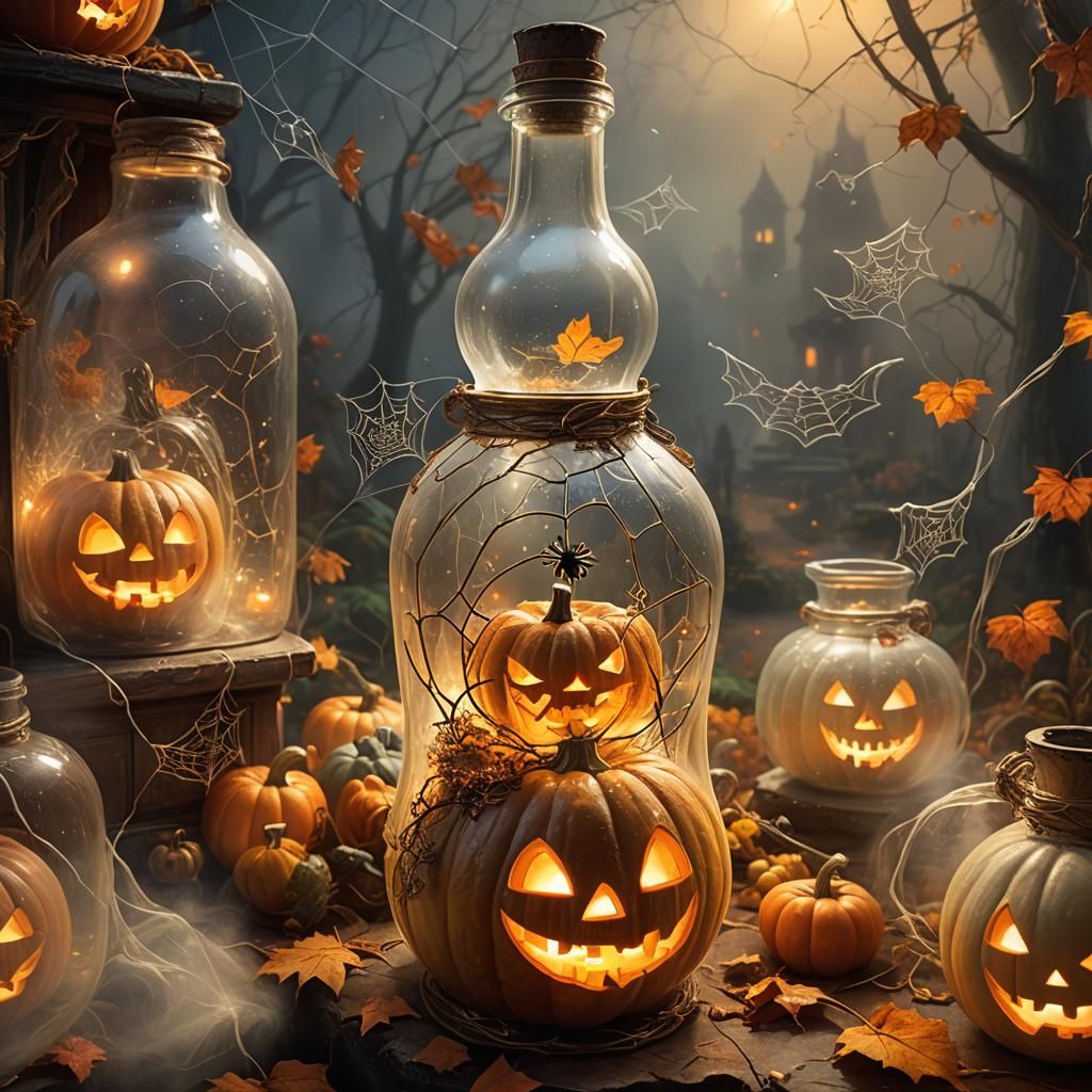 Mystical Halloween Scene Inside Glass Bottle