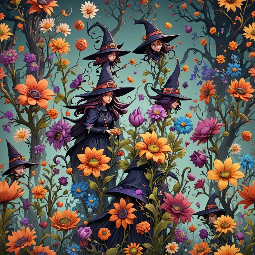 Cartoon Witch in Floral Fantasy Art