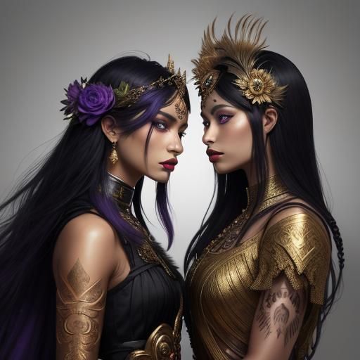 Fantasy Women with Gold Skin and Peacock Feathers
