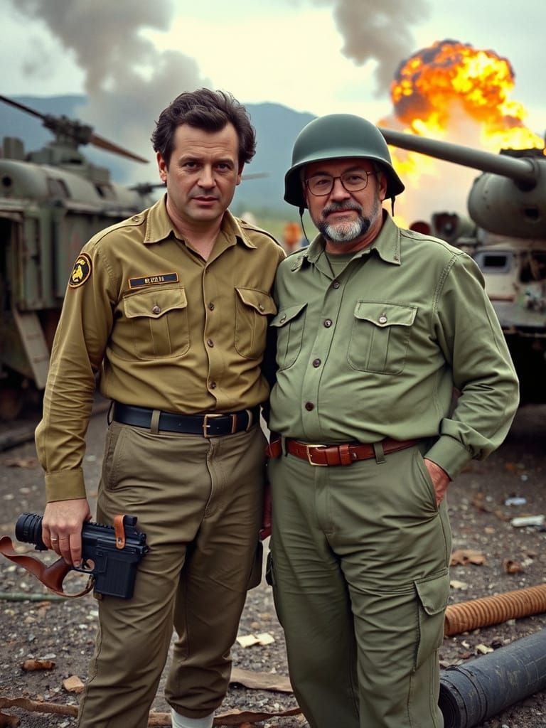 Comedic Duo in Chaos: 80s Army Fatigue Movie Poster