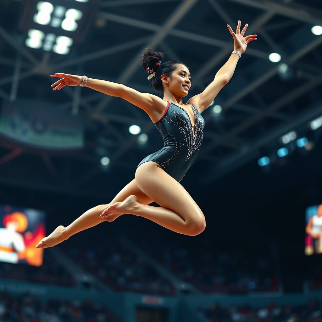 Athletic Gymnast in Mid-Air Motion