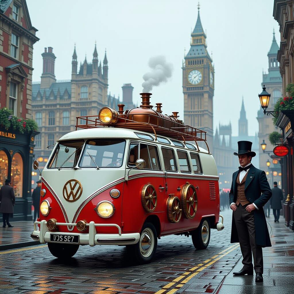 Steampunk VW Van in Foggy Victorian London
