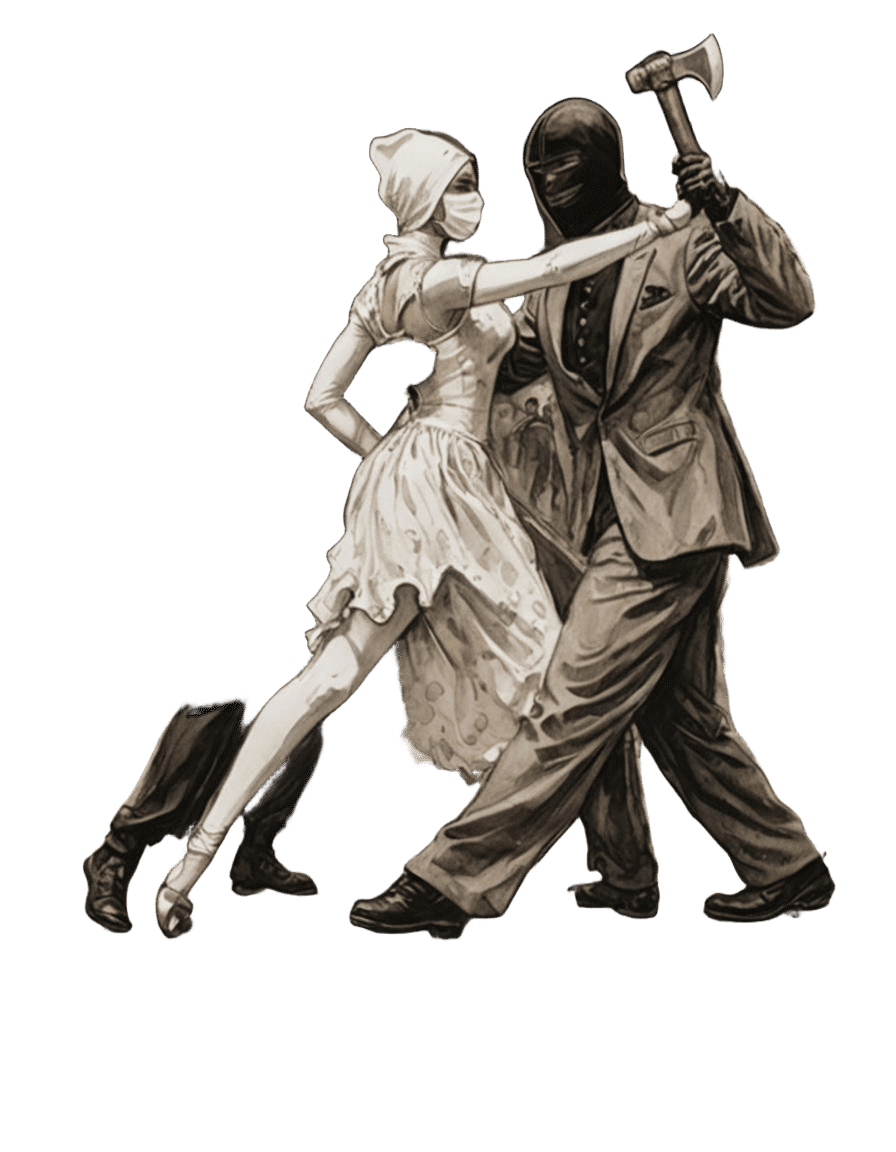 Dancing Couple with Weapons in Ink Wash Style