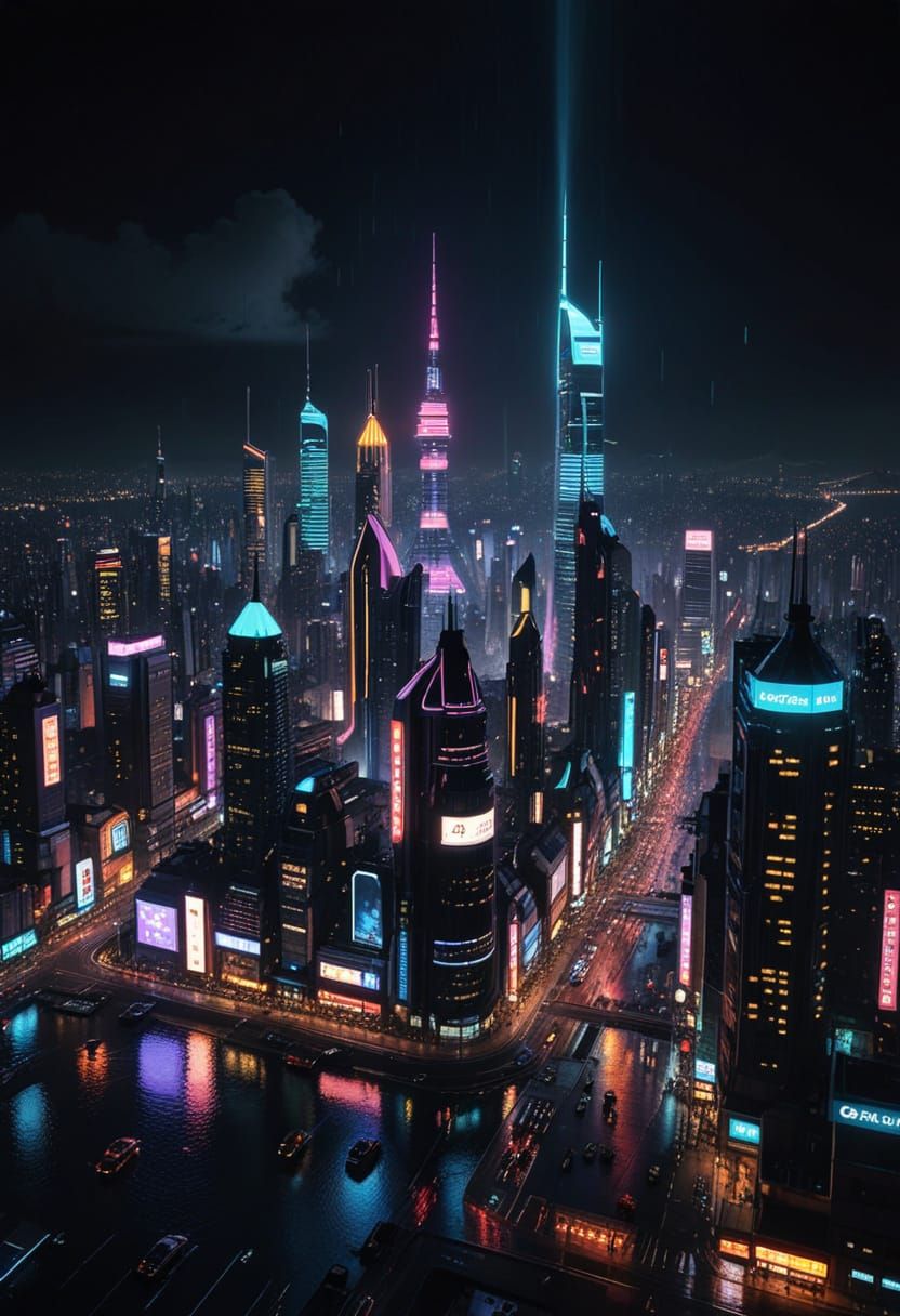Cyberpunk Metropolis at Night: Neon Skyscrapers & Flying Car...