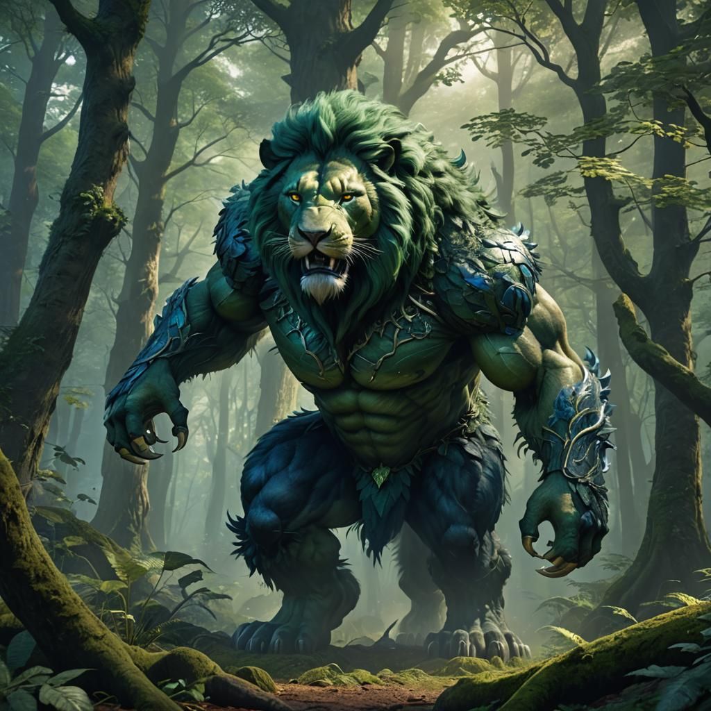 Hulk-Lion Creature in Emerald Forest: Fantasy Art