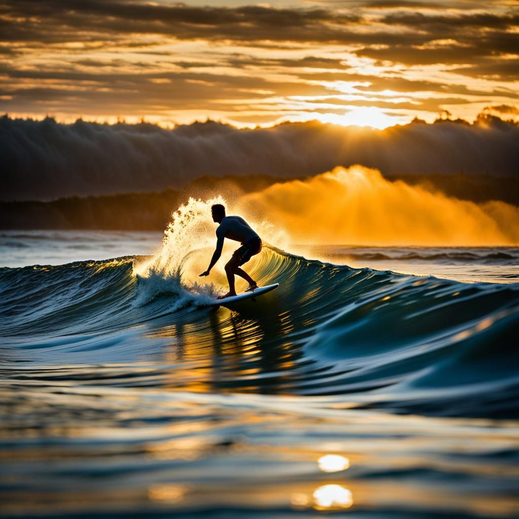 Surfer Rides Barrel Wave in Dawn Light