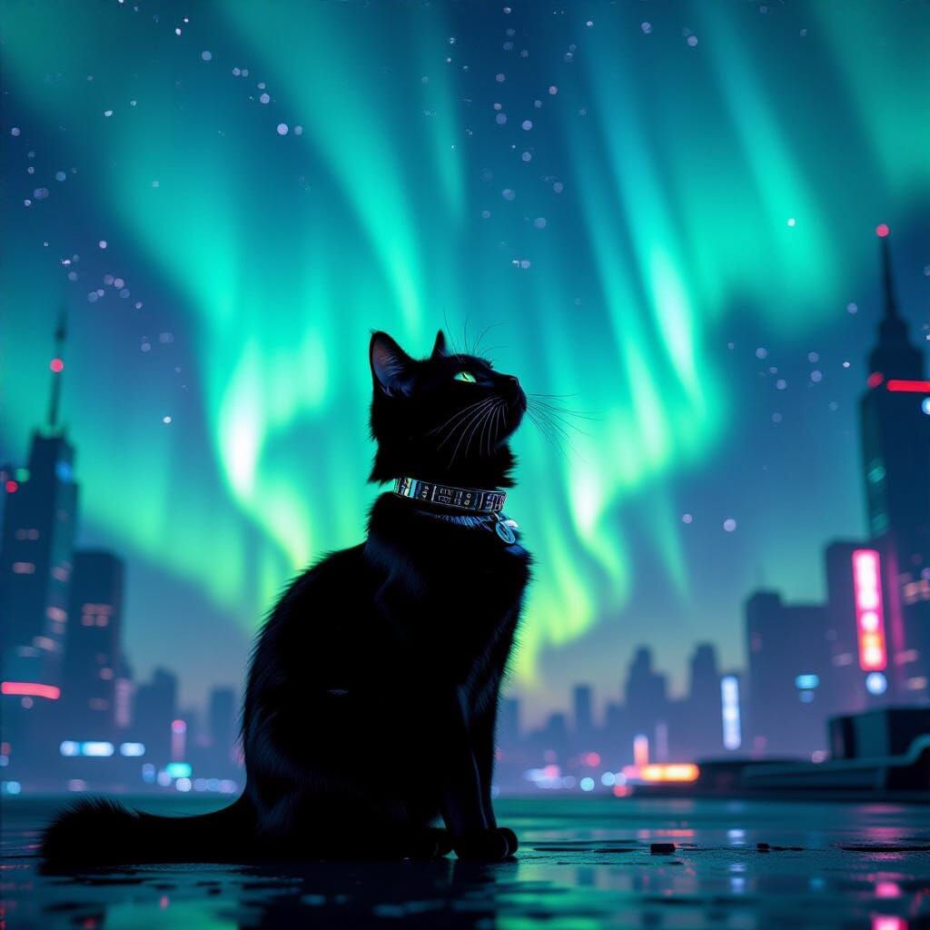 Black Cat Under Cyberpunk Aurora