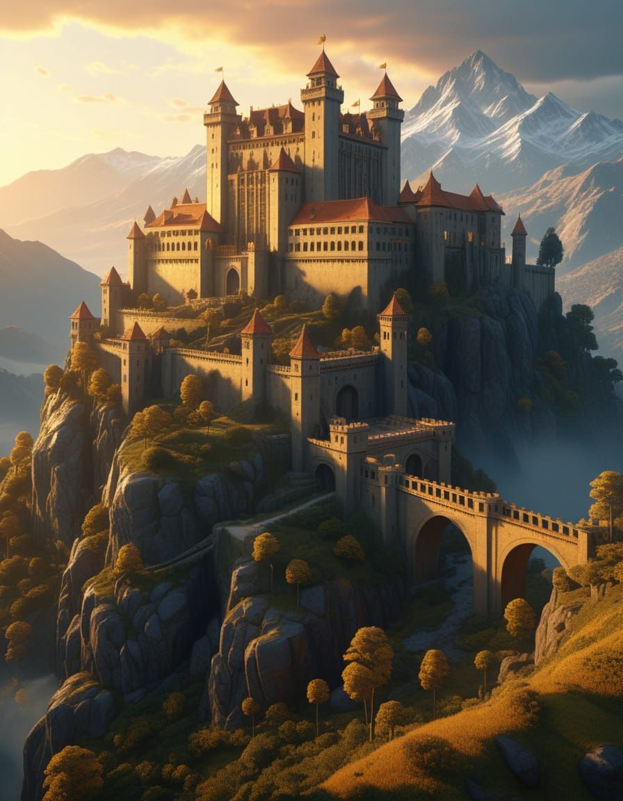 Majestic Ancient Castle at Dawn in Fantasy Landscape