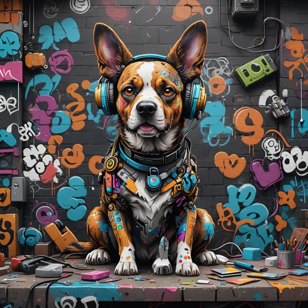 Graffiti Dog with Headphones: Detailed Matte Painting