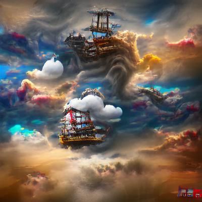 Pirate Ships Sailing in a Cloudy Sky