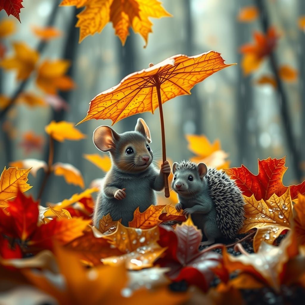 Mouse and Hedgehog in Autumn Rain