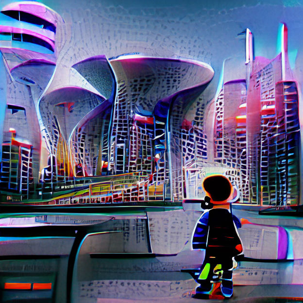 Child Exploring a Futuristic Cityscape