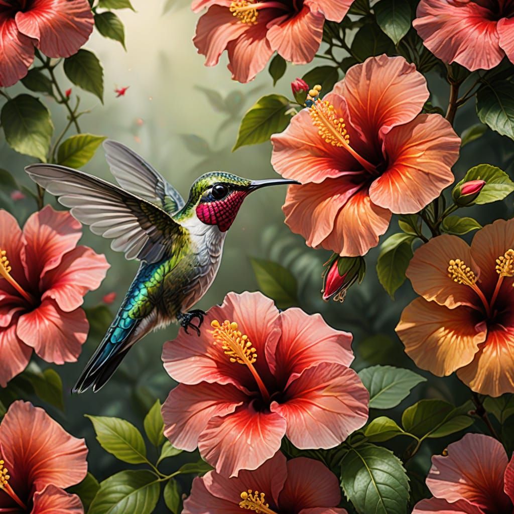 Hummingbird Sipping Nectar: Hyperrealistic Wildlife Art