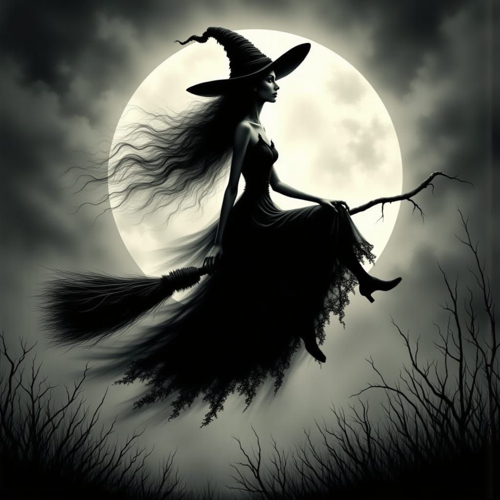 Eerie Witch Flight Under Full Moon