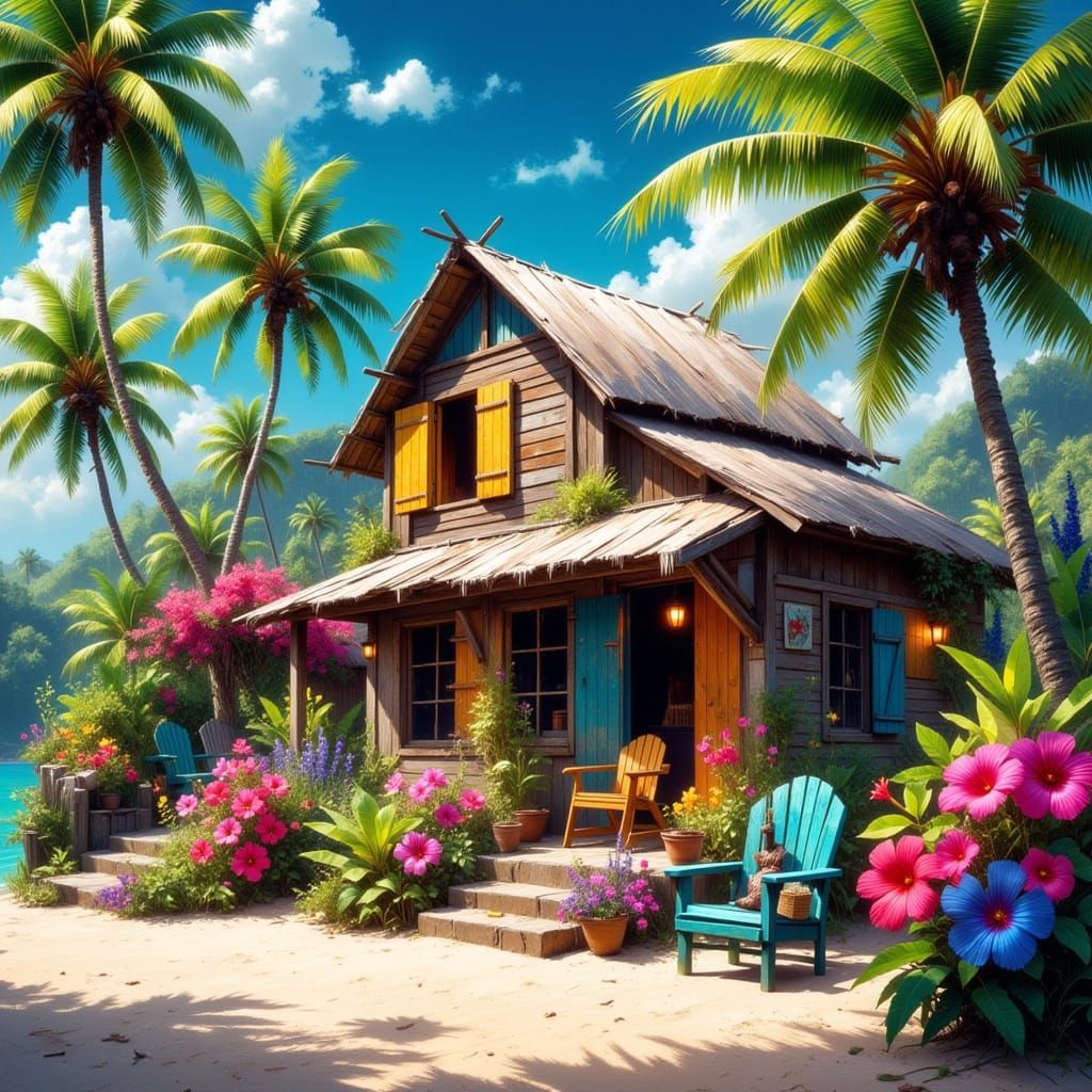 Tropical Beach Cottage in Impressionist Style
