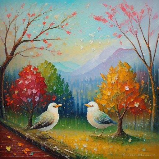 Colorful Birds in Expressionist Neo-Impressionism Style