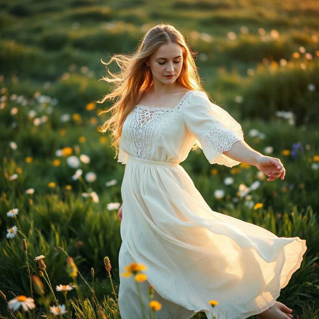 Irish Maiden Dancing in Wildflower Meadow