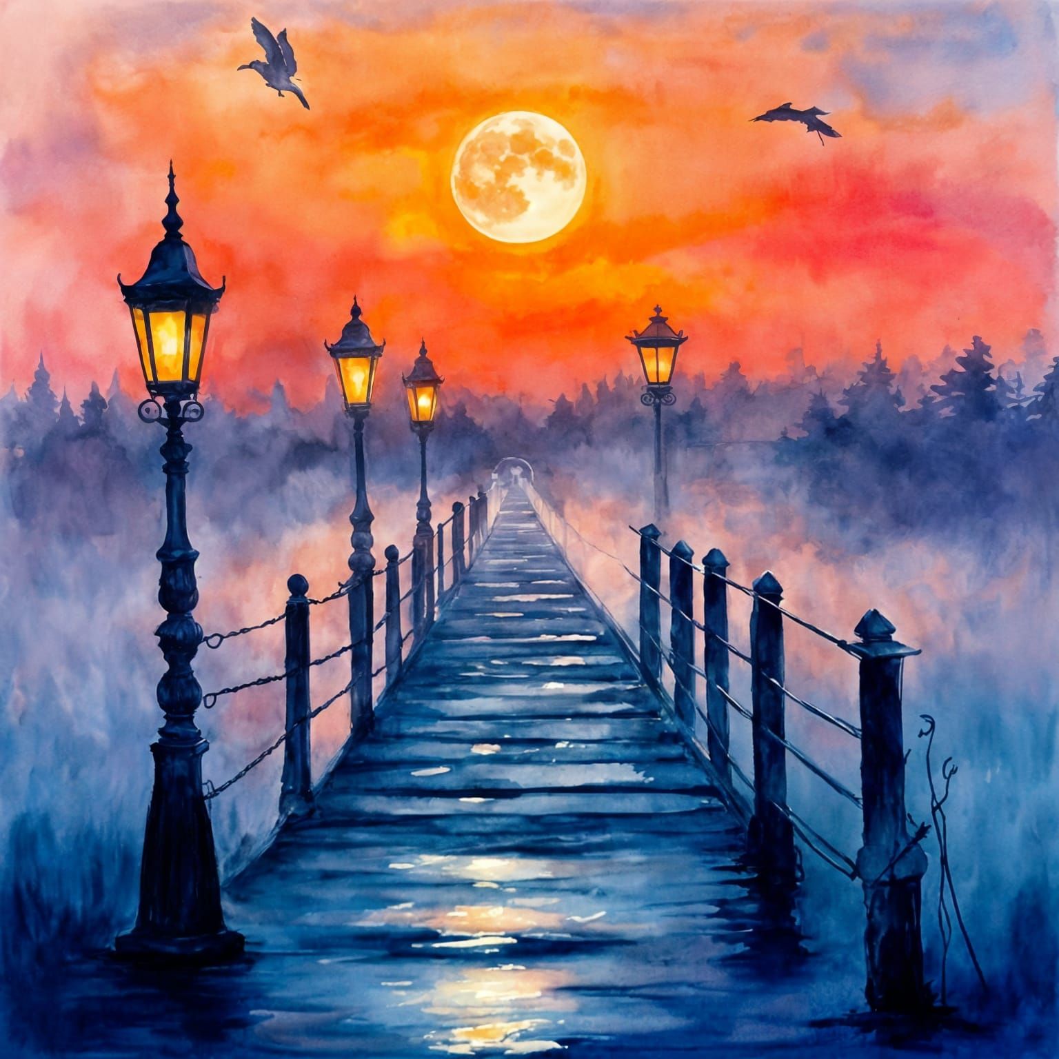 Dreamlike Bridge at Sunset in Watercolor Style
