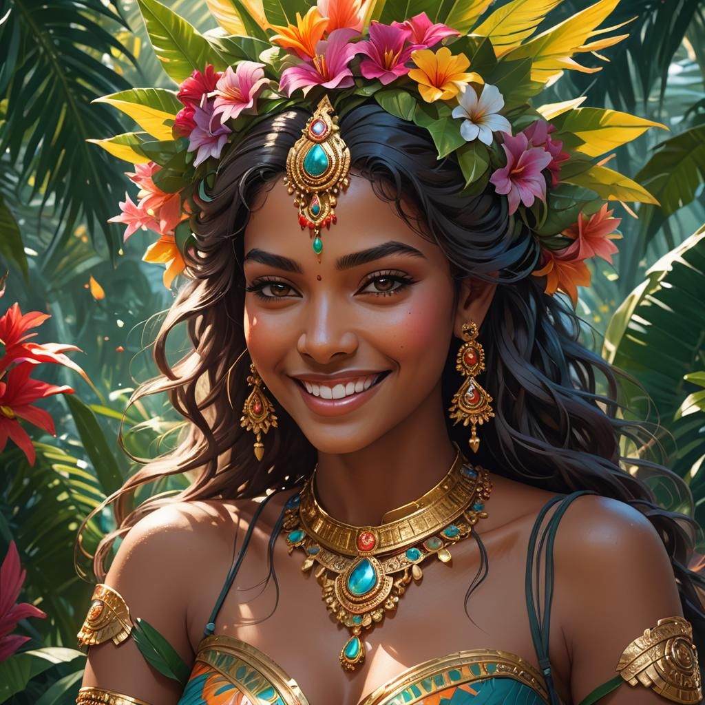 Tropical Island Goddess Portrait in Hyperdetailed Style