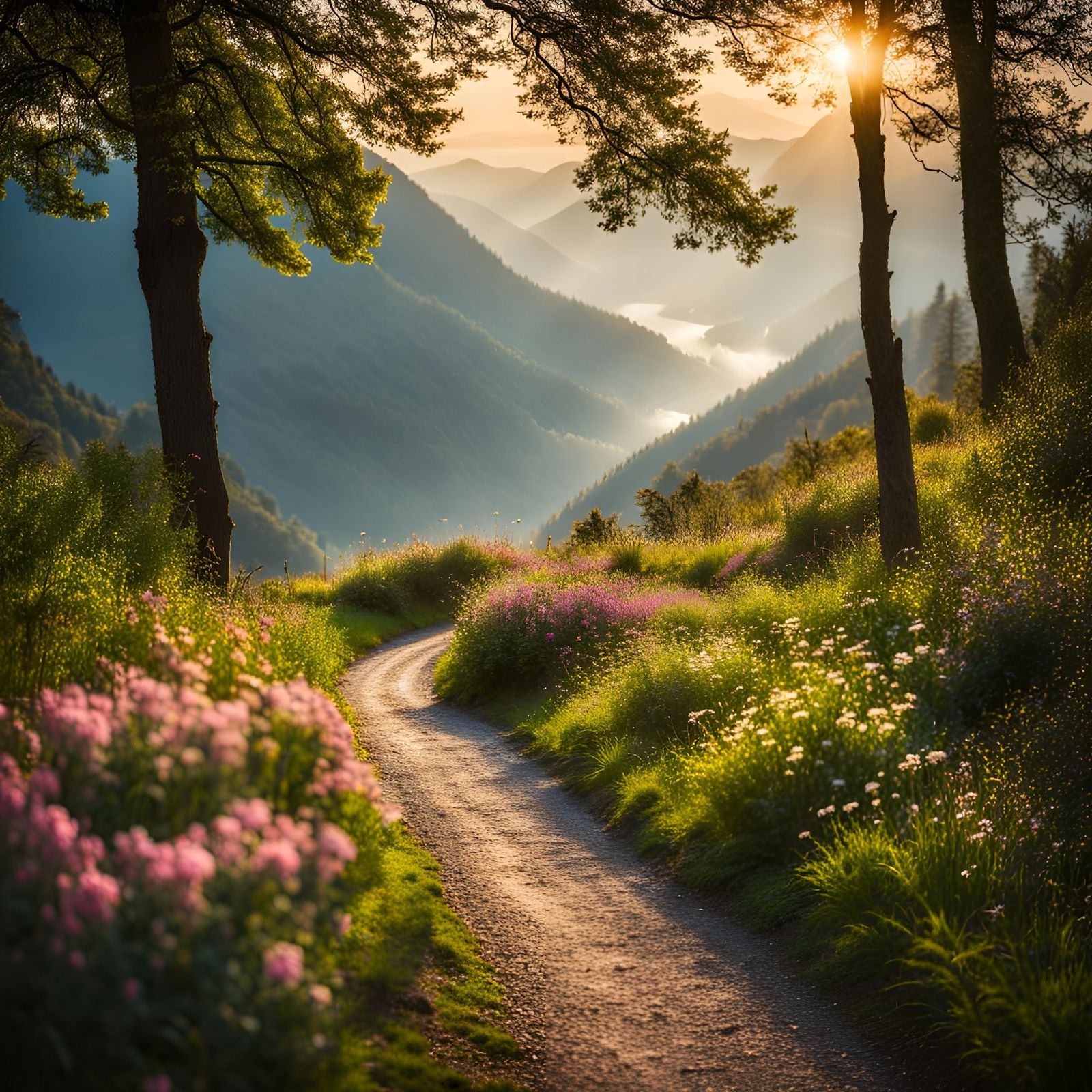 Scenic Mountain Path with Flowers and Mist