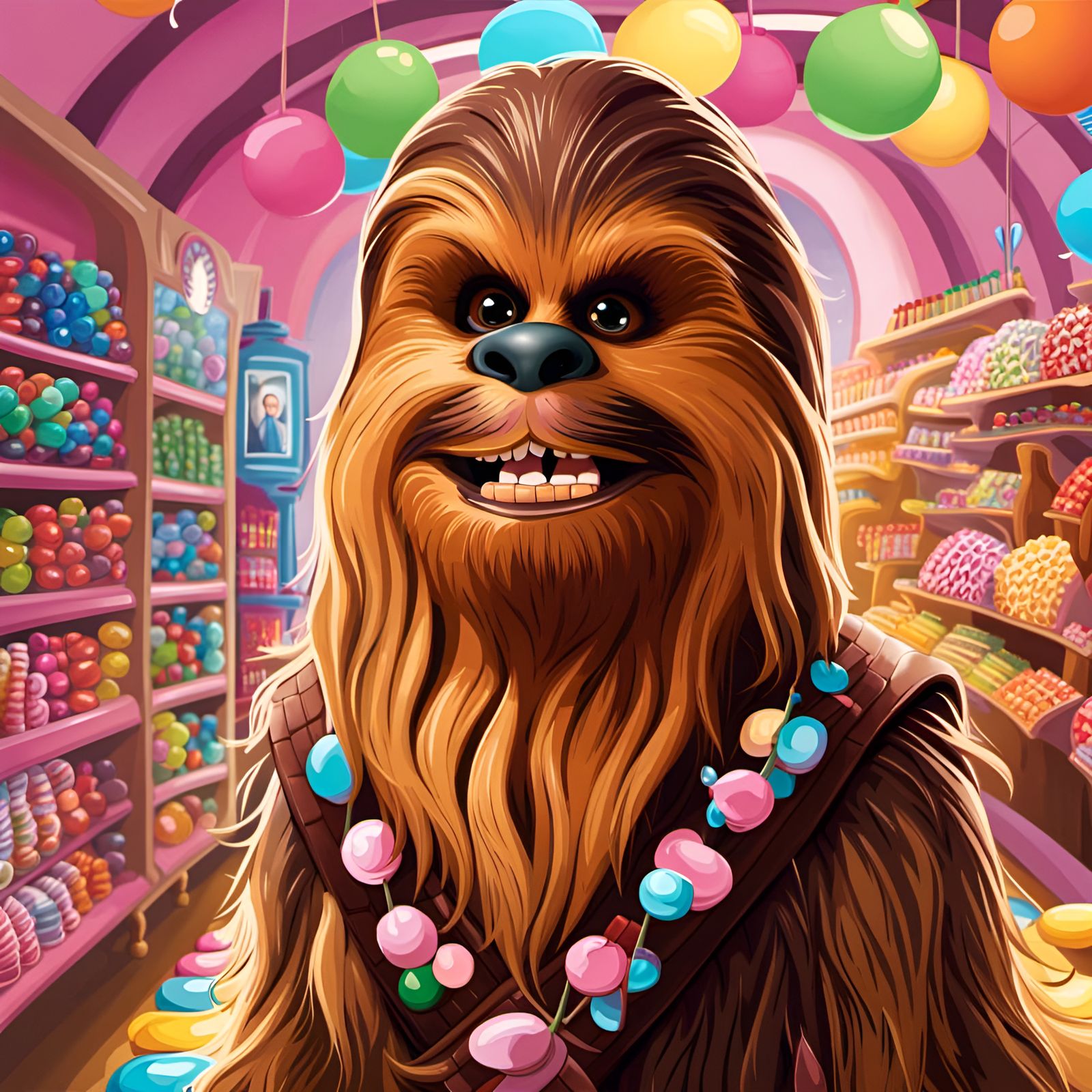 Cartoon Chewbacca Portrait in Candy Shop