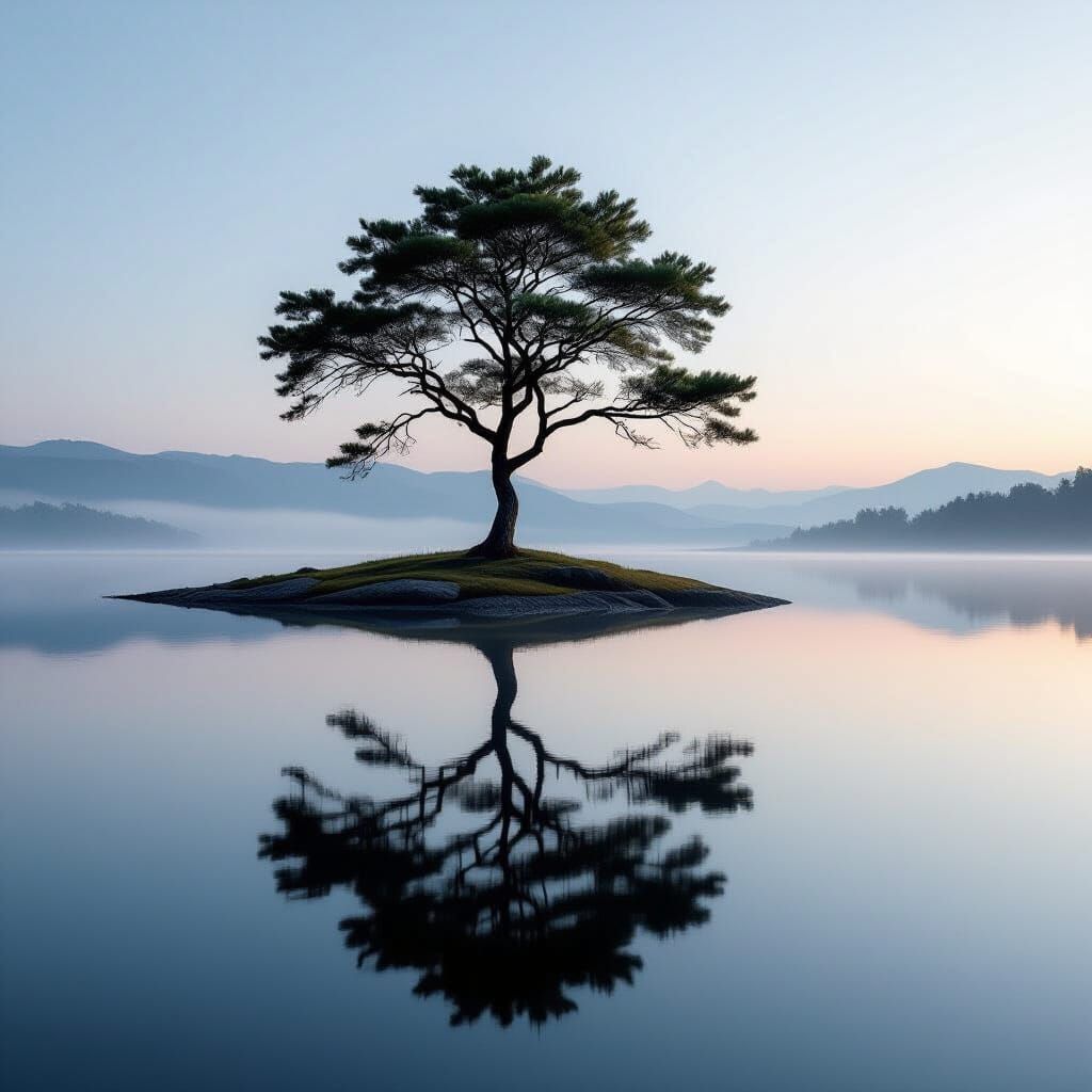 Minimalist Black Tree on Reflective Surface