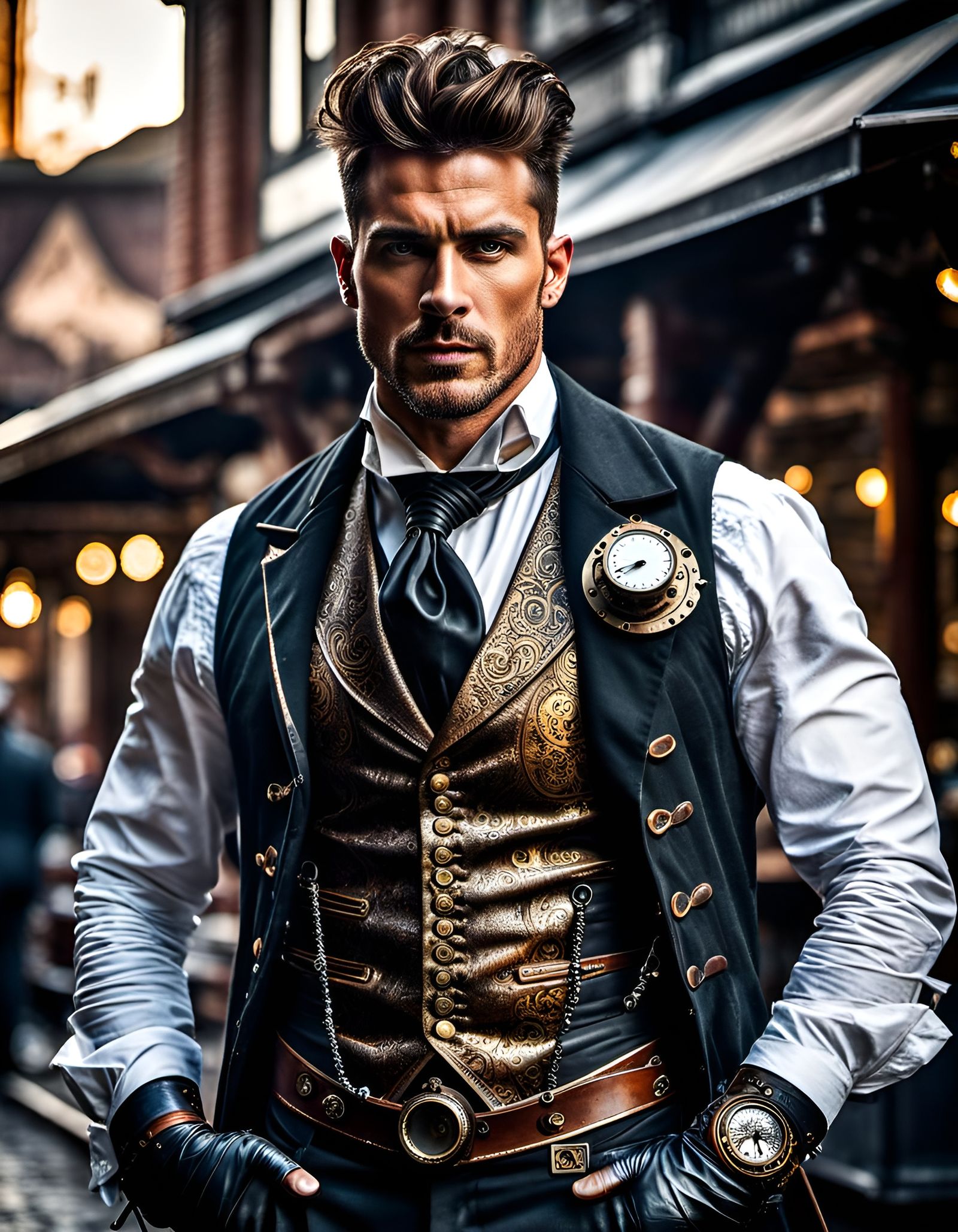 Handsome Steampunk Outlaw in Dynamic Market Street