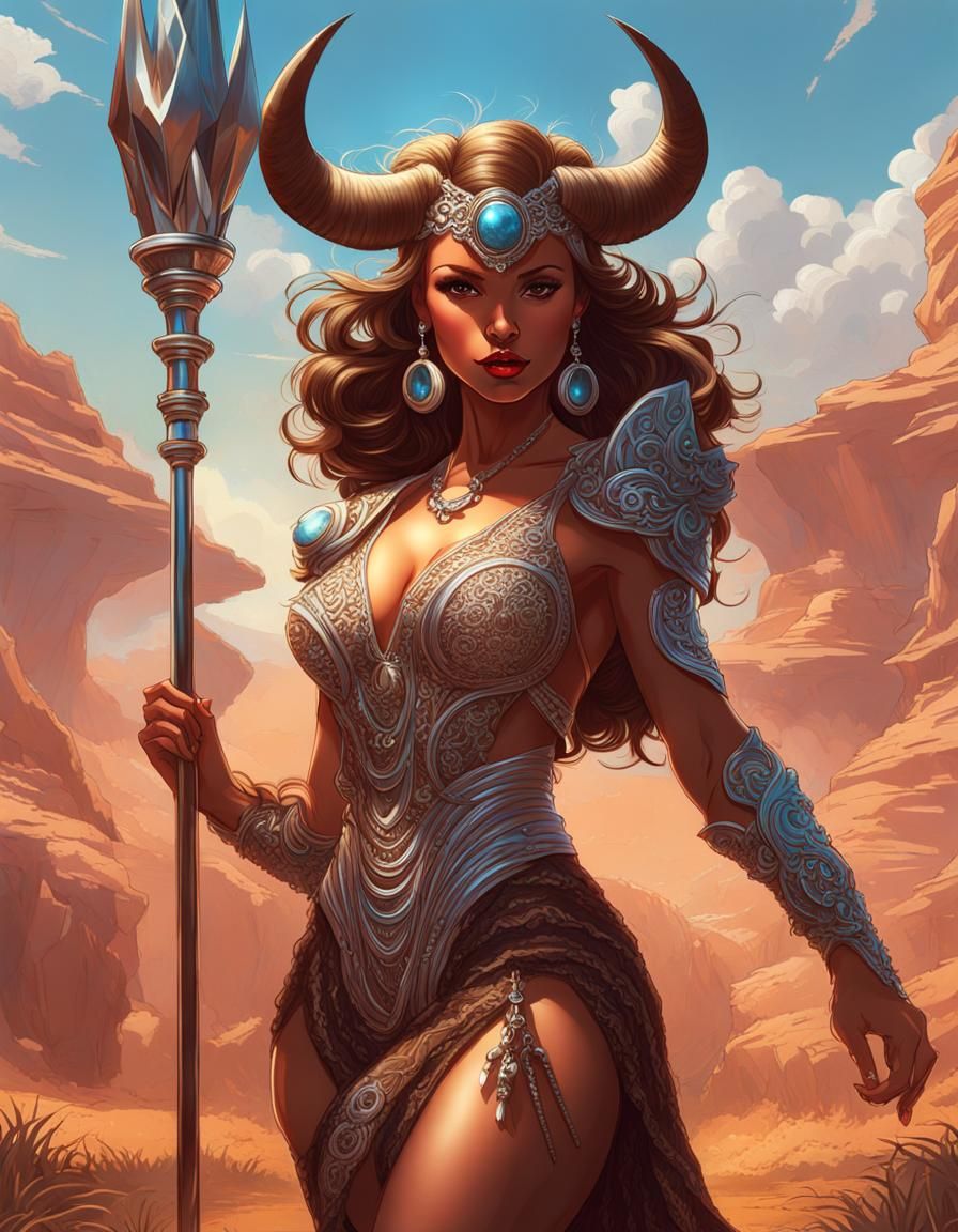 Athletic Minotaur Woman in Lace Dress, Digital Art