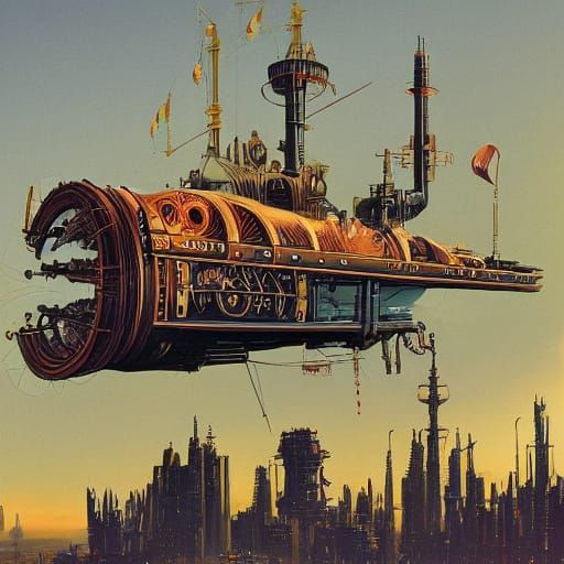 Steampunk Airship Soaring Through Crimson Skies