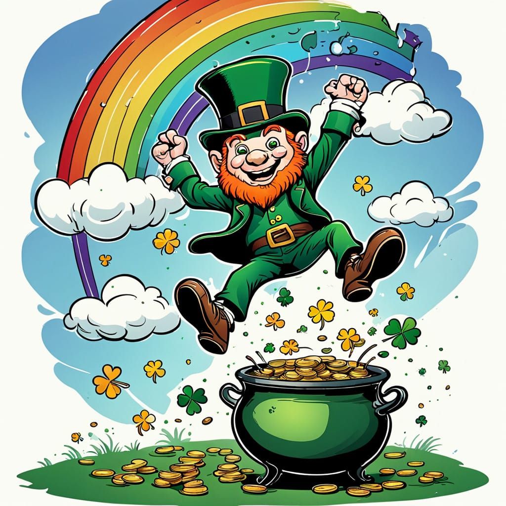 Colorful Leprechaun in Mid-Jump Amidst a Vibrant Rainbow and...
