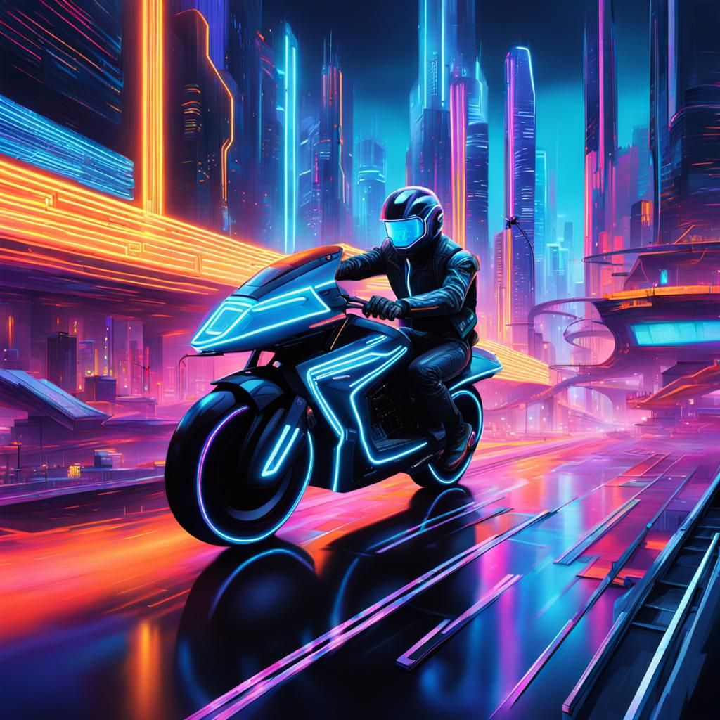 Hyperrealistic Tron Cityscape with Light Cycle