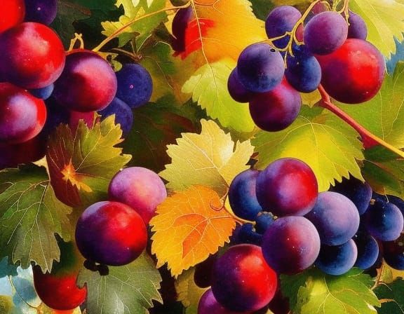 Grapes and Amphorae Still Life in Gouache Style