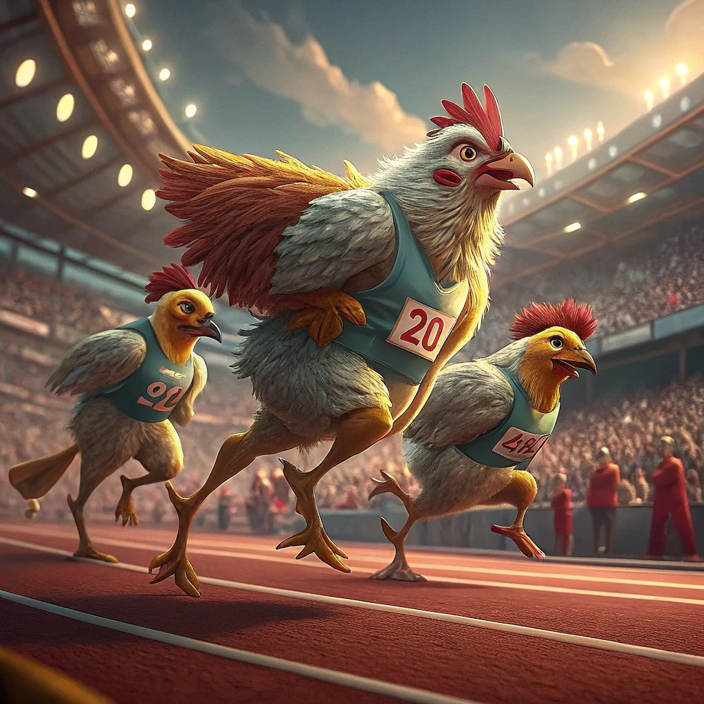 Olympic Chicken Runners in Cinematic CGI Style