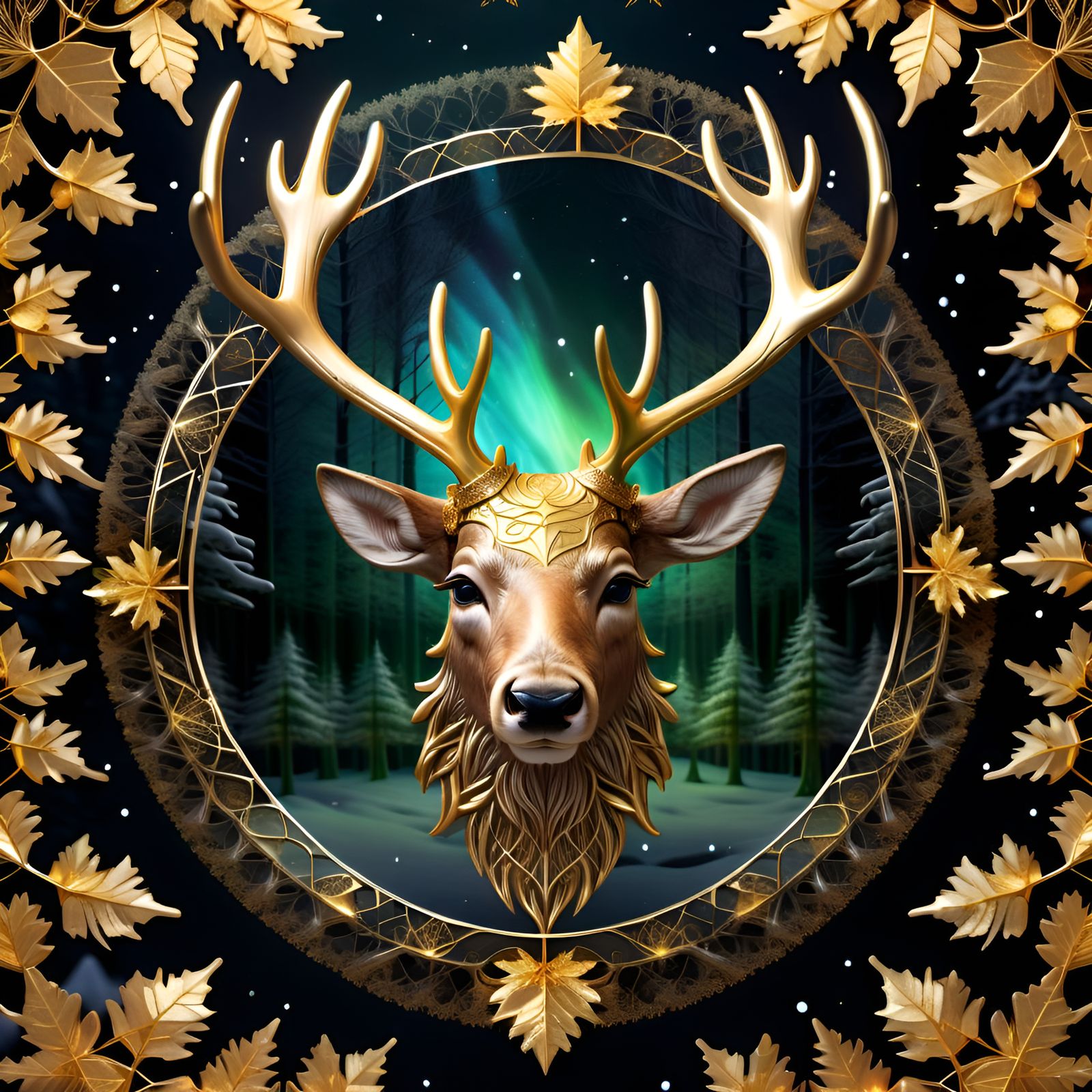 Majestic Reindeer in Forest With Golden Aurora