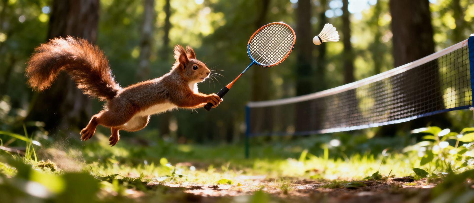 Squirrel Plays Badminton in Sunlit Forest: Photorealistic Ac...